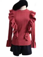 Choies Red Ruffle Trim Flare Sleeve Knit Sweater