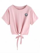 Choies Pink Tie Front Alien Pattern Short Sleeve T-shirt