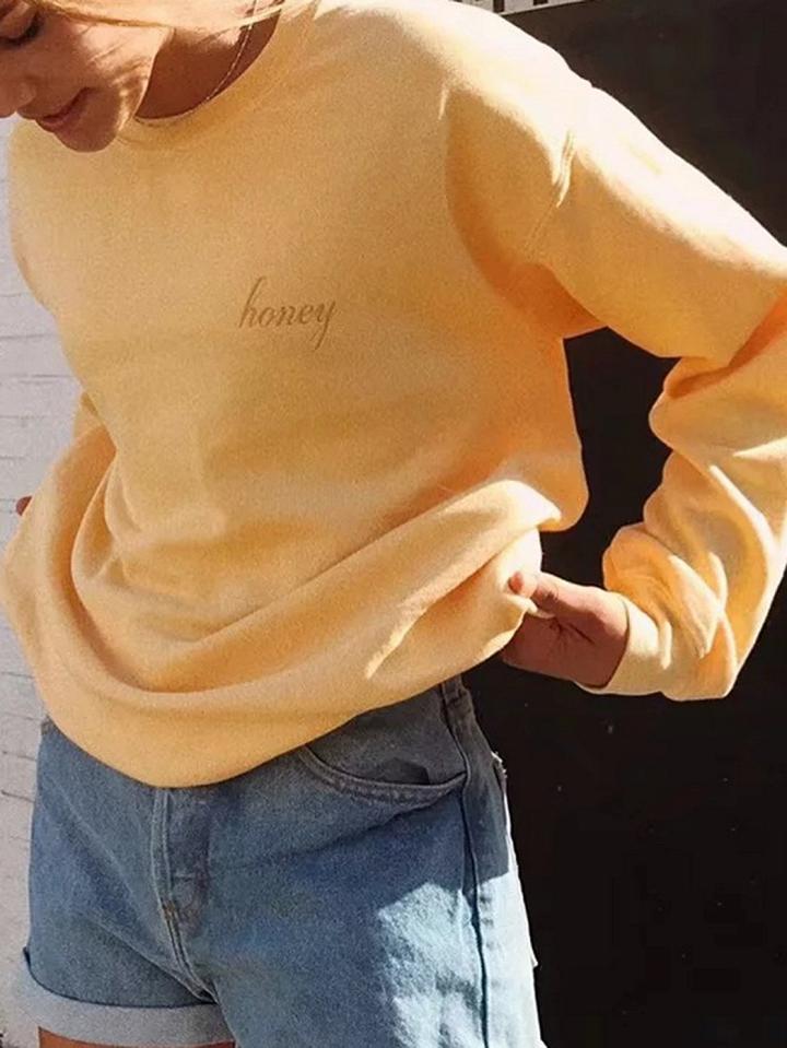 Choies Yellow Cotton Letter Embroidery Long Sleeve Women Sweatshirt