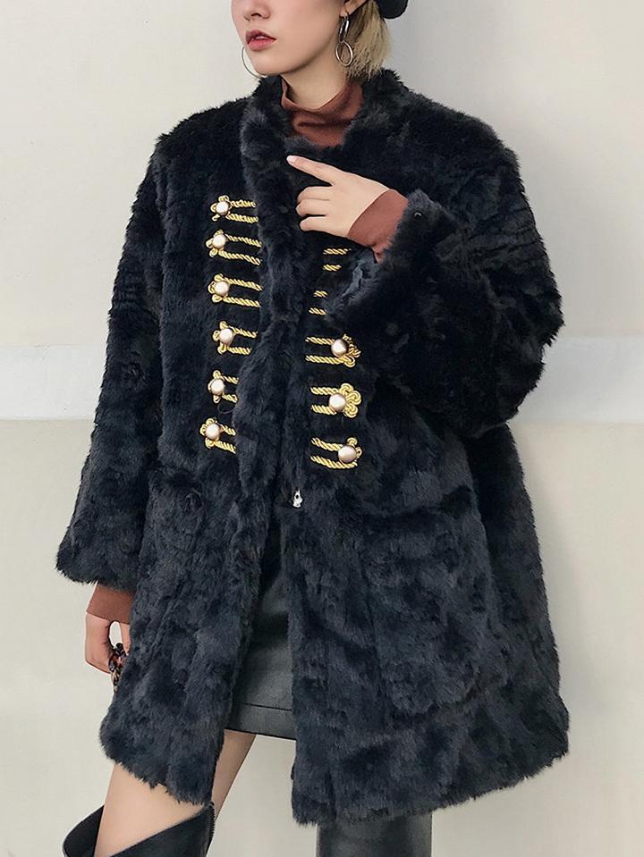 Choies Black Button Front Faux Fur Coat