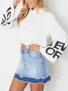 Choies White Letter Print Long Sleeve Cropped Hoodie