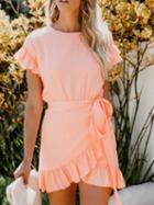 Choies Pink Cotton Tie Waist Ruffle Trim Chic Women Mini Dress