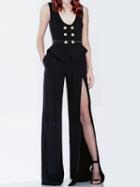 Choies Black Double Breasted Front Thigh Split Sleeveless Chic Women Jumpsuit