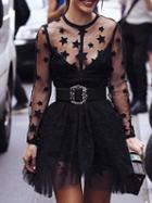 Choies Black Star Print Long Sleeve Sheer Lace Mini Dress