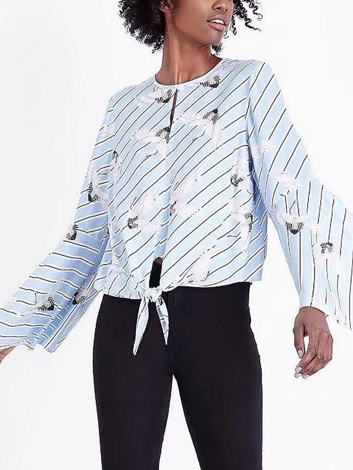 Choies Blue Stripe Crane Print Knot Front Flare Sleeve Blouse