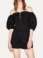 Choies Black Off Shoulder Lace Up Co-ord Crop Top And Shorts
