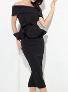 Choies Black Off Shoulder Tie Back Ruffle Trim Chic Women Midi Dress