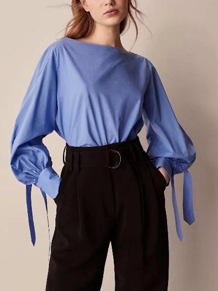 Choies Blue Tie Cuff Puff Sleeve Blouse