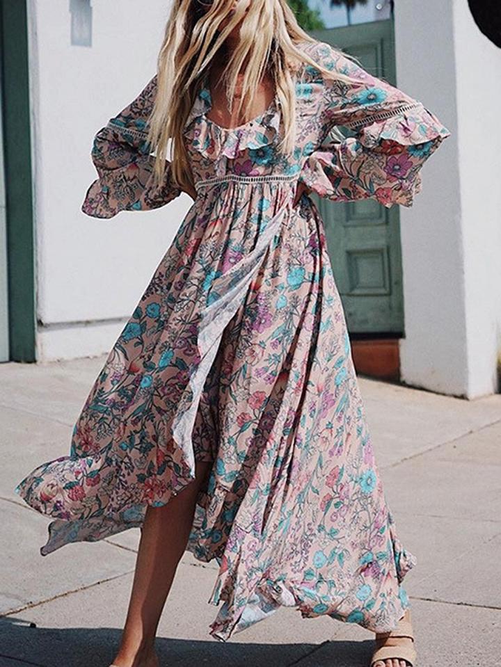 Choies Pink Plunge Ruffle Trim Print Detail Open Back Hi-lo Dress