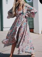 Choies Pink Plunge Ruffle Trim Print Detail Open Back Hi-lo Dress
