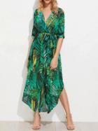 Choies Green Chiffon V-neck Leaf Print Tie Waist Chic Women Maxi Dress