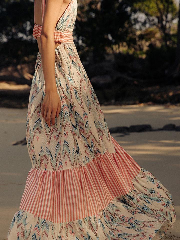 Choies Polychrome Cotton V-neck Print Detail Open Back Chic Women Maxi Dress