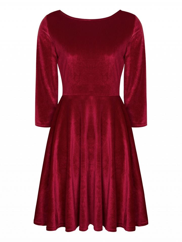 Choies Burgundy Backless 3/4 Sleeve Velvet Skater Mini Dress
