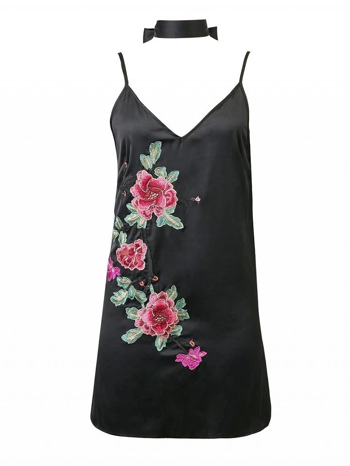 Choies Black Embroidery Floral Patch Choker Neck Cami Mini Dress
