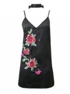 Choies Black Embroidery Floral Patch Choker Neck Cami Mini Dress