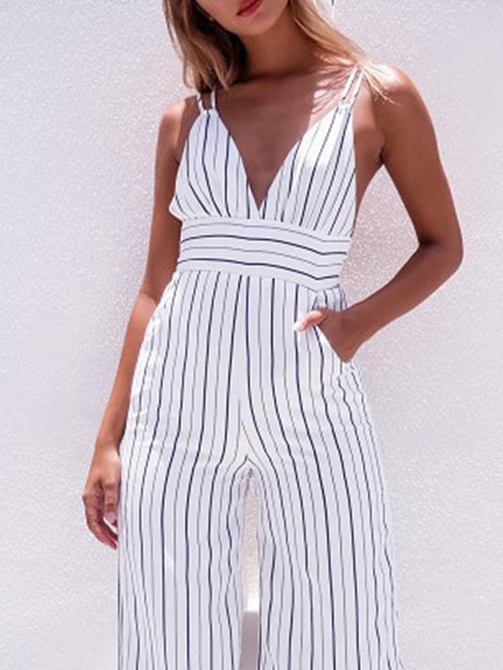 Choies White Stripe Plunge Open Back Cami Cropped Jumpsuit