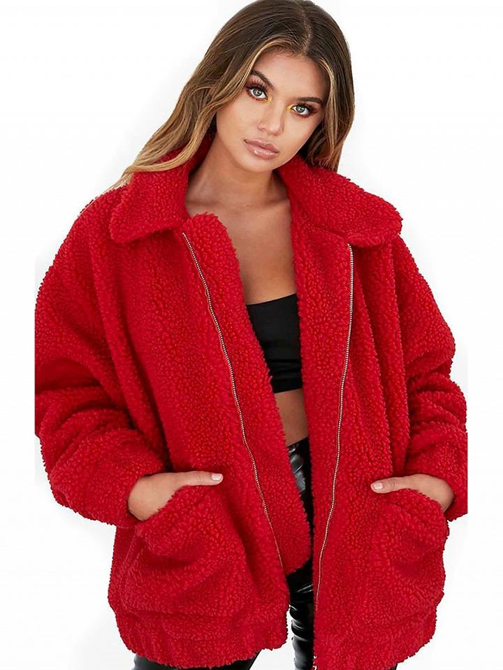 Choies Red Long Sleeve Faux Fur Coat