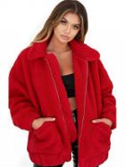 Choies Red Long Sleeve Faux Fur Coat
