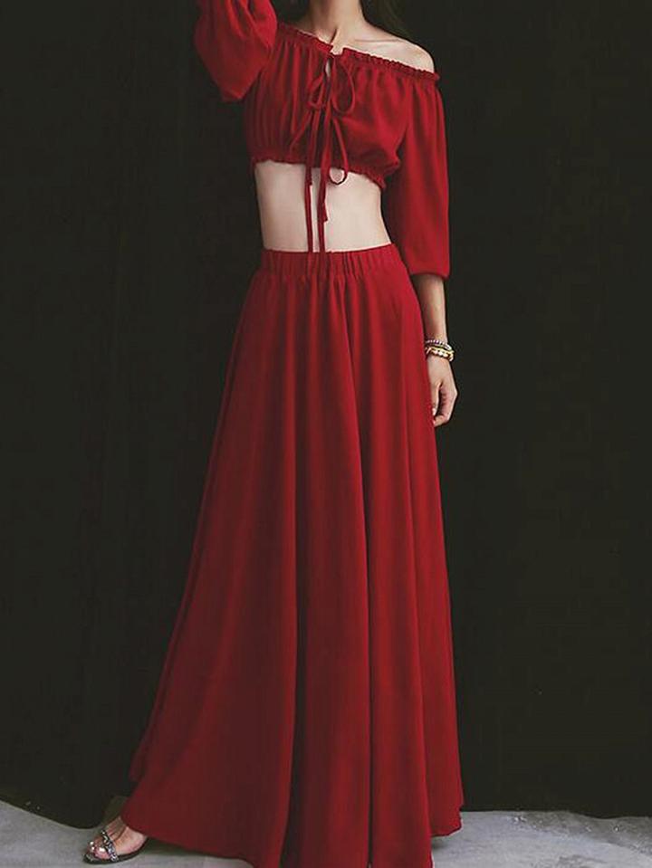 Choies Burgundy Chiffon Off Shoulder Chic Women Crop Top And High Waist Skirt