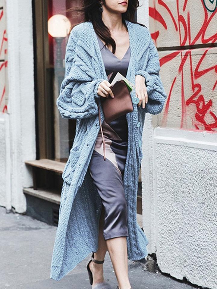 Choies Blue Pocket Button Placket Cable Longline Cardigan