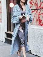 Choies Blue Pocket Button Placket Cable Longline Cardigan