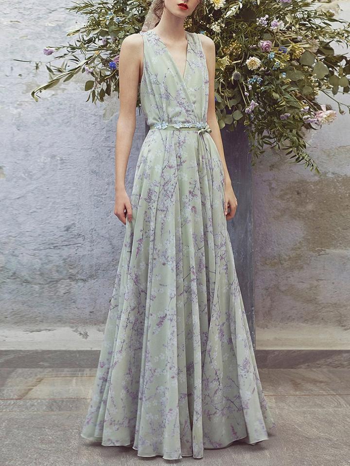 Choies Polychrome Chiffon V-neck Floral Print Tie Waist Chic Women Maxi Dress