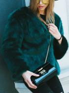 Choies Dark Green Collarless Open Front Faux Fur Coat