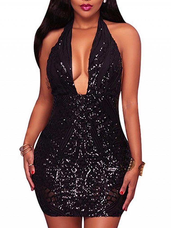 Choies Black Halter Sequin Detail Open Back Bodycon Mini Dress