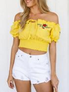 Choies Yellow Off Shoulder Embroidery Detail Frill Trim Crop Top