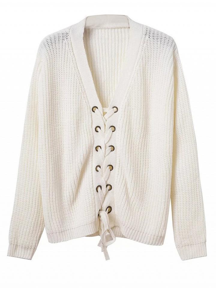 Choies White Plunge V-neck Lace Up Front Long Sleeve Knit Jumper