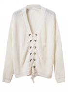 Choies White Plunge V-neck Lace Up Front Long Sleeve Knit Jumper