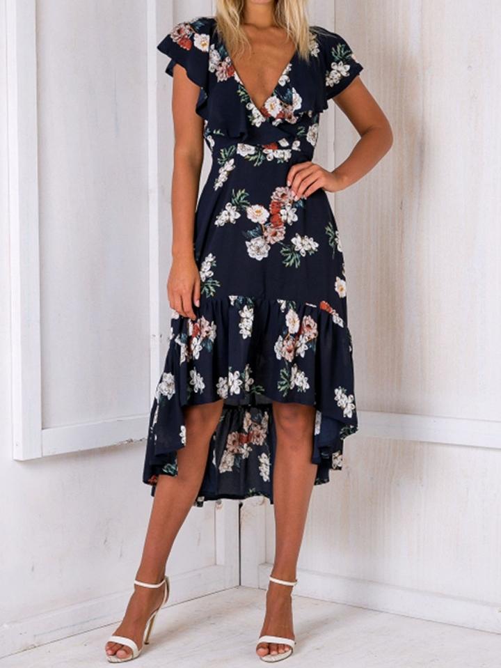 Choies Navy Blue V Neck Floral Print Hi-lo Hem Ruffle Dress