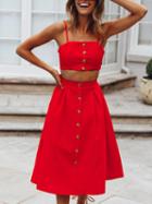 Choies Red Button Placket Front Chic Women Crop Cami Top And High Waist Skirt