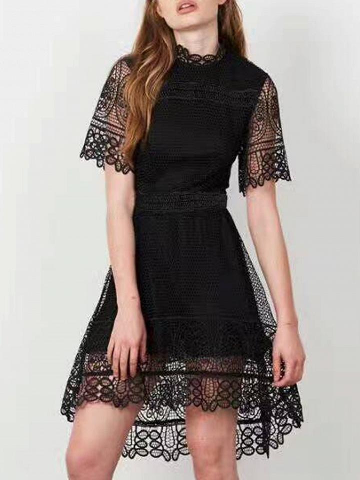 Choies Black High Neck Short Sleeve Dipped Hem Lace Overlay Dress