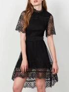 Choies Black High Neck Short Sleeve Dipped Hem Lace Overlay Dress