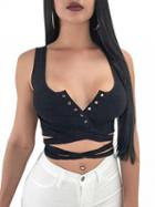 Choies Black Strappy Cross Button Front Crop Tank
