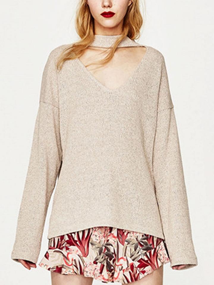 Choies Beige Plunge Choker Neck Long Sleeve Knit Sweater