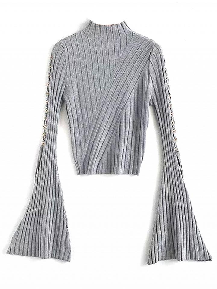 Choies Gray High Neck Eyelet Detail Flare Sleeve Knit Sweater