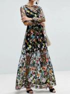 Choies Black Embroidery Floral Long Sleeve Sheer Mesh Maxi Dress