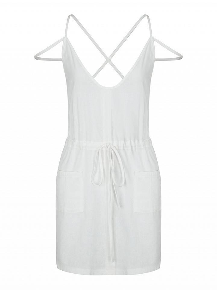 Choies White V-neck Strap Cross Pocket Detail Tie Waist Dress