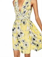 Choies Yellow V Neck Floral Print Ruched Vest Skater Dress