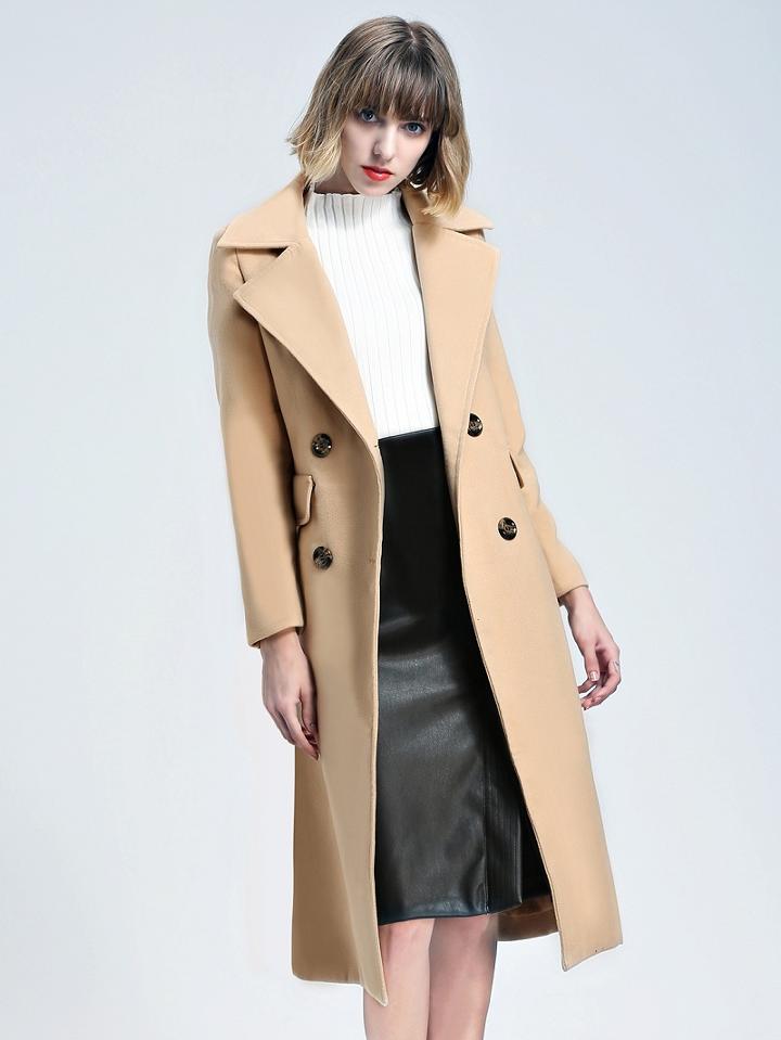 Choies Khaki Lapel Double-breasted Wool Longline Coat