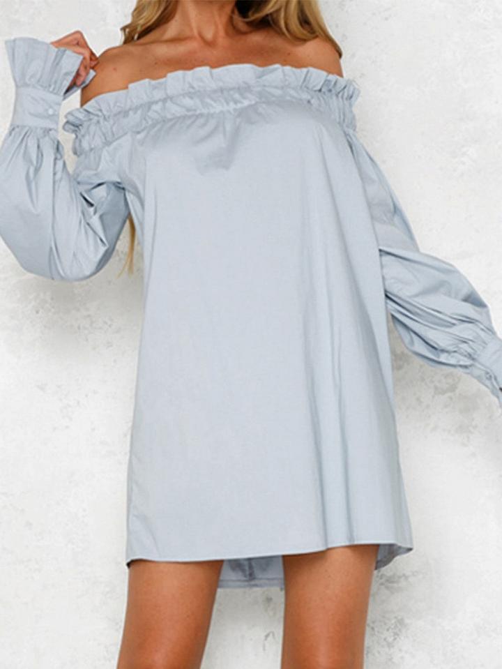Choies Light Blue Off Shoulder Frill Trim Puff Sleeve Chic Women Mini Dress