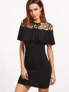 Choies Black Tie Front Embroidery Mesh Panel Ruffle Bodycon Dress