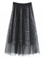 Choies Black Plaid Mesh Panel Wool Blend Skirt