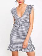 Choies Black Plaid V-neck Frill Trim Mini Dress
