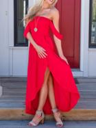 Choies Red Cotton Cold Shoulder Thigh Split Front Chic Women Maxi Dress