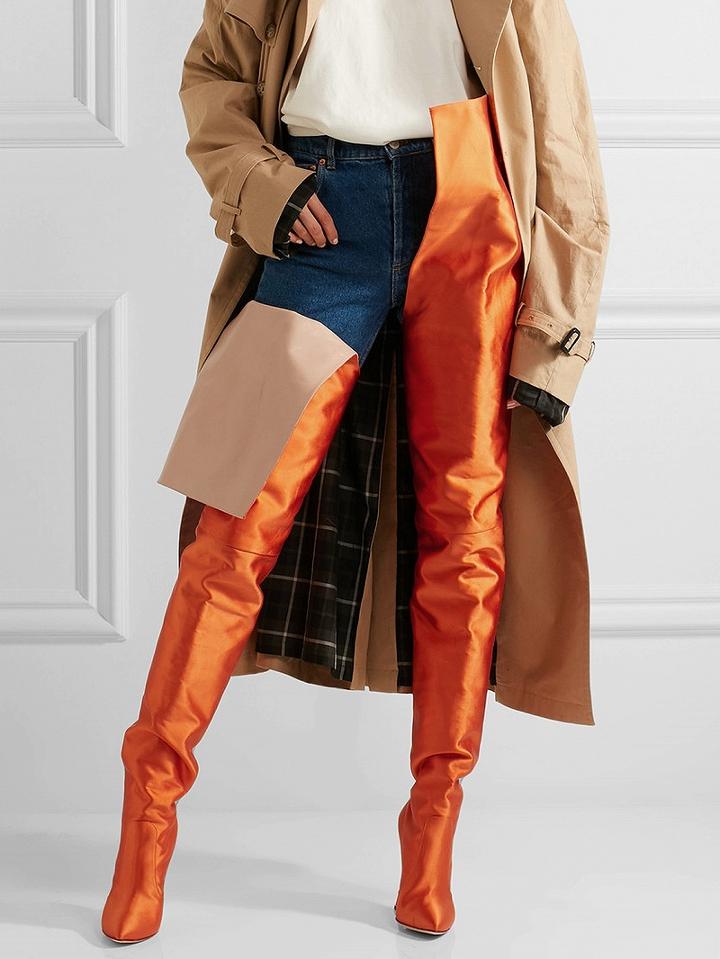 Choies Orange Satin Look Pointed Heeled Over The Waist Boots