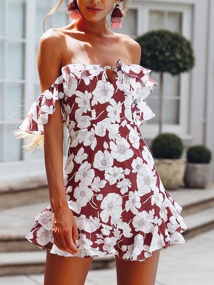 Choies Red Off Shoulder Floral Print Ruffle Trim Chic Women Mini Dress