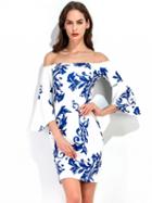 Choies White Off Shoulder Porcelain Print Flare Sleeve Bodycon Dress